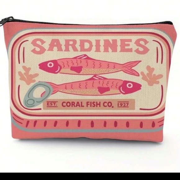 New Pink and Cream Sardines Make Up Carryall Canvas Zip Top Pouch OS - Picture 8 of 15